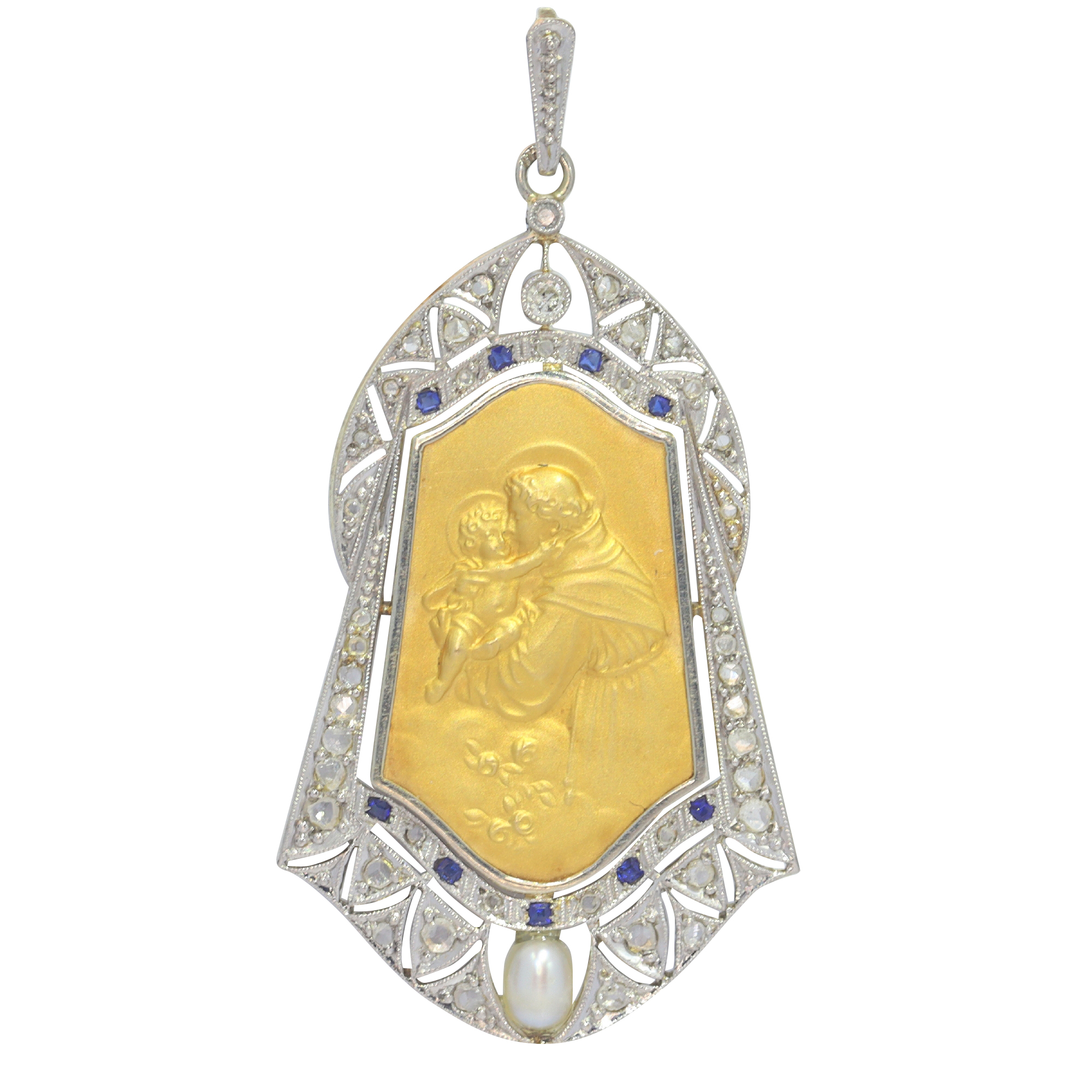 Vintage 1910's medal 18K gold pendant set with diamonds sapphires and pearl St. Anthony of Padua depicted holding the Child Jesus